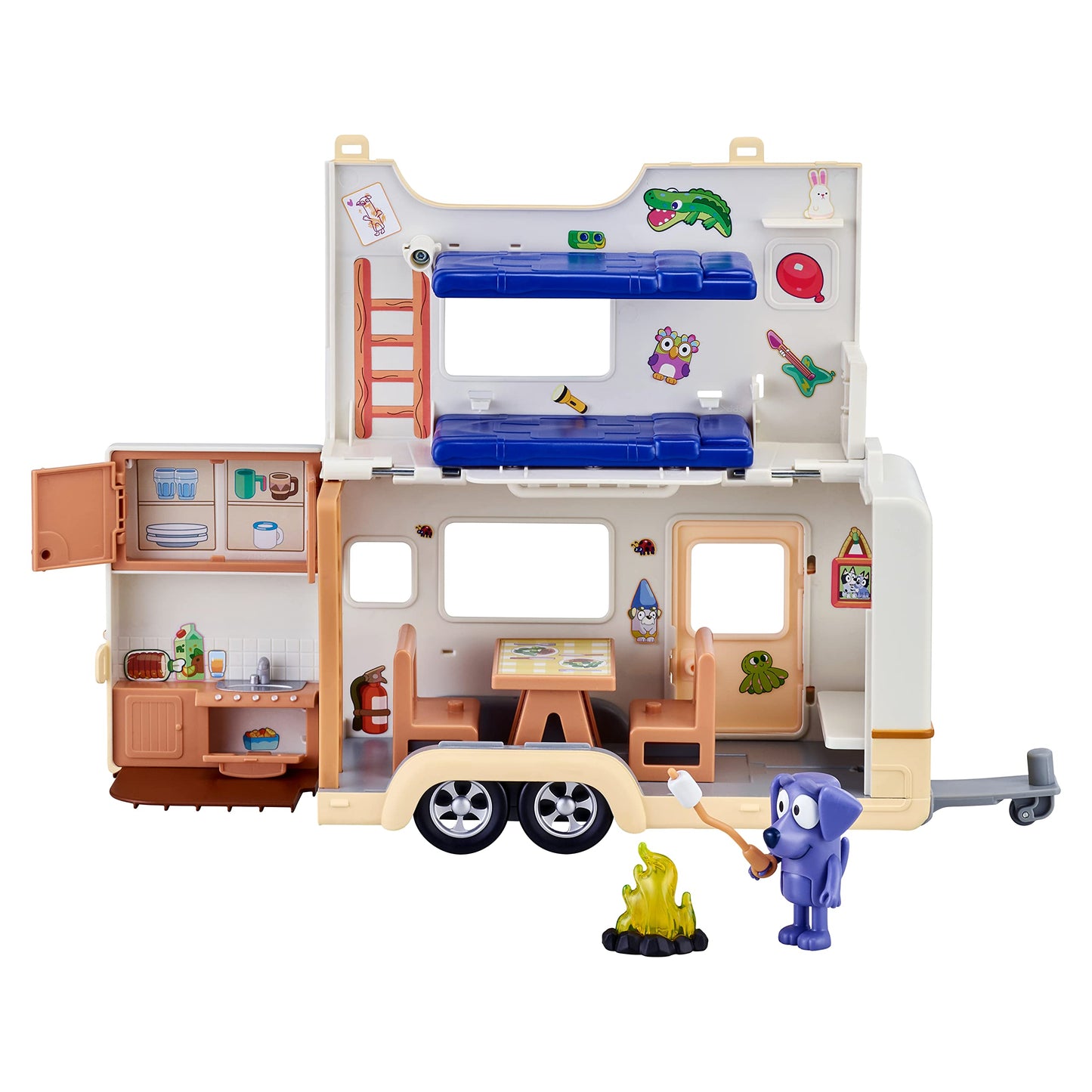 Bluey Caravan Playset, Jean Luc Figure and Accessories Mini Camp Fire Official Bluey Vehicle