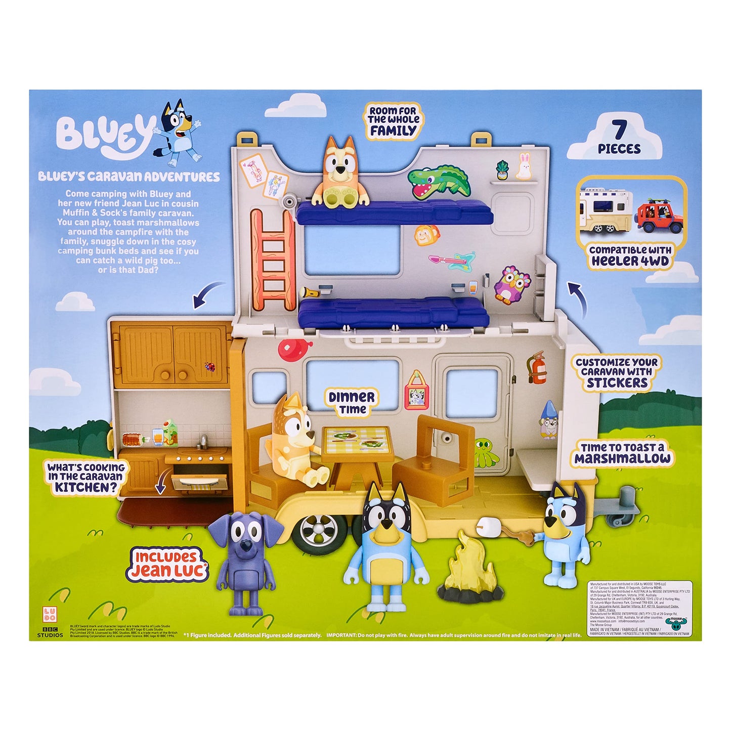 Bluey Caravan Playset, Jean Luc Figure and Accessories Mini Camp Fire Official Bluey Vehicle
